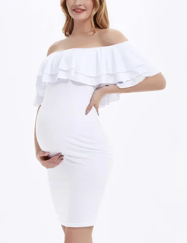 Miniatura 2 de Bhome Vestido de maternidad con hombros descubiertos, vestido de verano para baby shower, vestido de embarazo con doble volante, para sesión de fotos