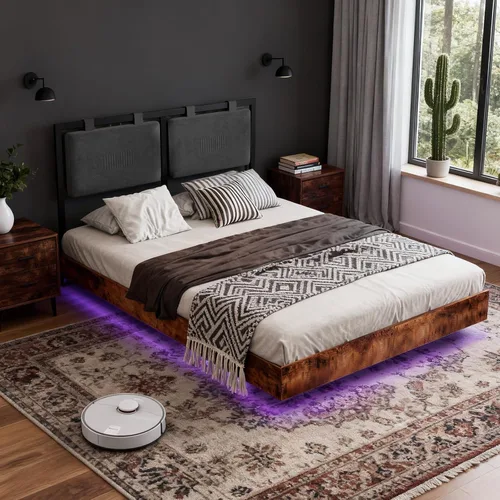 Miniatura 9 de LUCKLIFE Base de cama flotante tamaño Queen, con cabecero ajustable y luces LED inteligentes, marco de cama tapizado con luces RGB, cama de metal