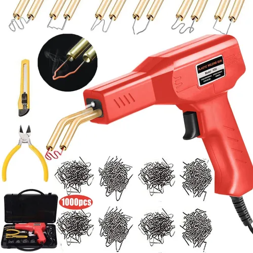 Kit de Reparación de Parachoques de Coche con Soldador de Plástico, 6 Tipos 1050 Grapas Kit de Soldadura de Plástico Kit de Reparación de Rojo