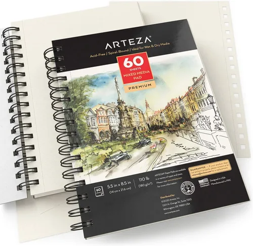 Miniatura 7 de ARTEZA Cuaderno de bocetos de medios mixtos, 5.5 x 8.5 pulgadas, paquete de 1, 60 hojas, bloc de papel microperforado con encuadernación en espiral