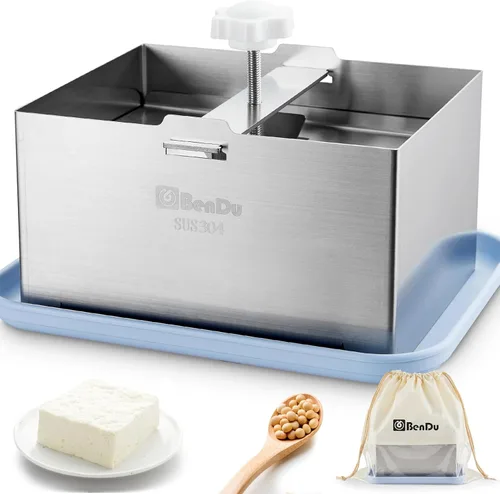 Bendu - Prensa de tofu de acero inoxidable 304, máquina de tofu mejorada con bandeja de goteo y paño para tofu casero, prensa Paneer y herramienta