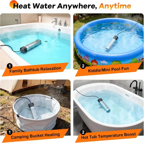 Miniatura 6 de Calentador de agua de inmersión portátil de 2000 W con termostato integrado y arranque retardado, calentamiento rápido para cubos, bañeras, bañera