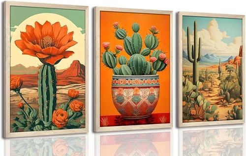 Juego de 3 Arte de Pared de Cactus Mexicanos Enmarcados en Madera, Impresiones en Lienzo Botánicas del Desierto Vintage, Cuadros de Pintura Floral