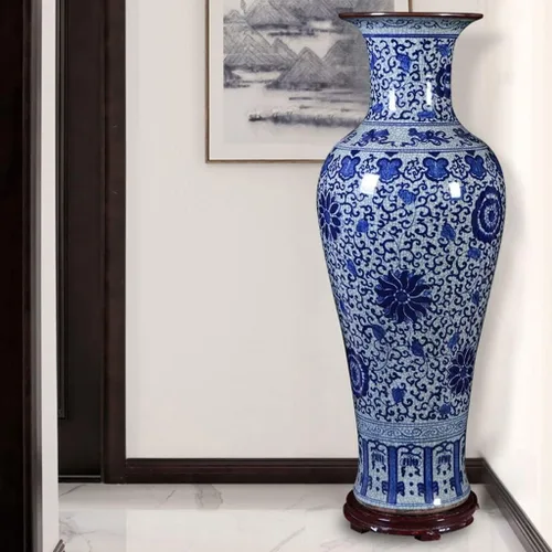 Miniatura 7 de Florero retro de cerámica para piso, florero de porcelana azul y blanco, para sala de estar, arreglo floral, decoración de gabinete de TV chino