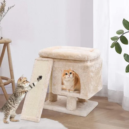 Miniatura 5 de SYANDLVY Árbol pequeño para gatos grandes de interior, condominio para gatitos con poste rascador y tabla, torre de actividades moderna con cueva