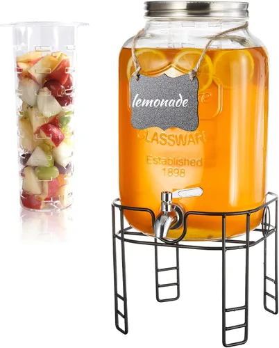 Dispensadores de bebidas de 2 galones para fiestas, dispensadores de bebidas con soporte, dispensador de jarra de agua de vidrio, con grifo de acero