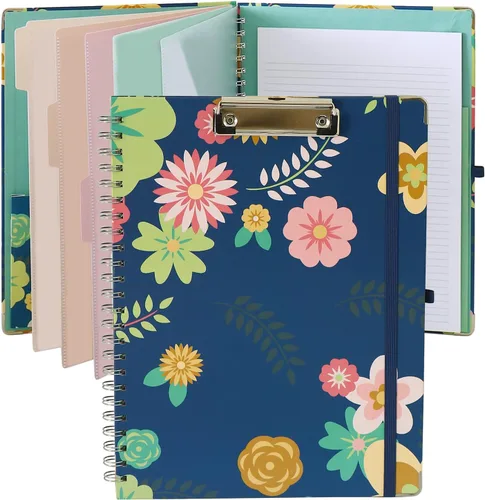 Portapapeles folio con carpeta en espiral, 5 carpetas extra con 10 bolsillos de almacenamiento, libreta punteada rellenable, portapapeles plegado