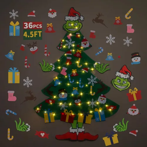 GameXcel Árbol de Navidad de fieltro de 4.5 pies para niños pequeños con luz LED y 37 adornos, decoraciones de Navidad Montessori DIY - 4.5 pies