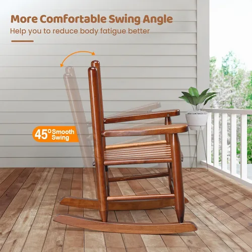 Miniatura 5 de JOYMOR Silla mecedora de madera para exteriores para niños con respaldo alto, balancín para niños resistente al clima, silla mecedora de patio