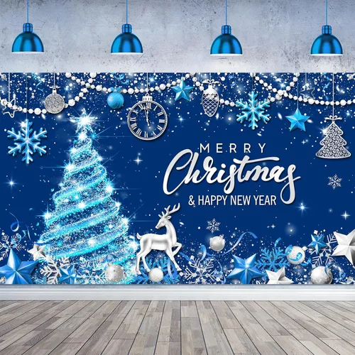 Tiamon Telón de Fondo Banner de Fiesta Feliz Navidad para Decoración de Fiesta de Navidad y Año Nuevo (Azul Dorado, 72.8 x 43.3 Pulgadas)