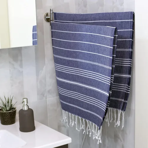 Miniatura 7 de Juego de 4 toallas de baño para mano y gimnasio, decorativas de peshtemal turco, 100% algodón, tamaño grande 50 x 100 cm. Azul marino