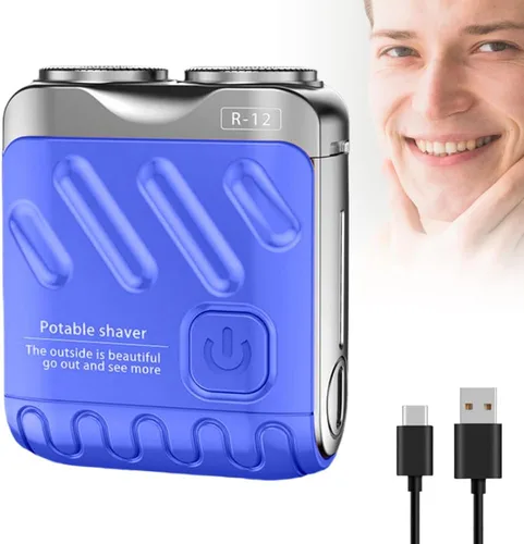 Afeitadora eléctrica portátil giratoria de doble anillo, mini maquinilla de afeitar eléctrica giratoria de doble anillo para hombres, afeitadora Azul