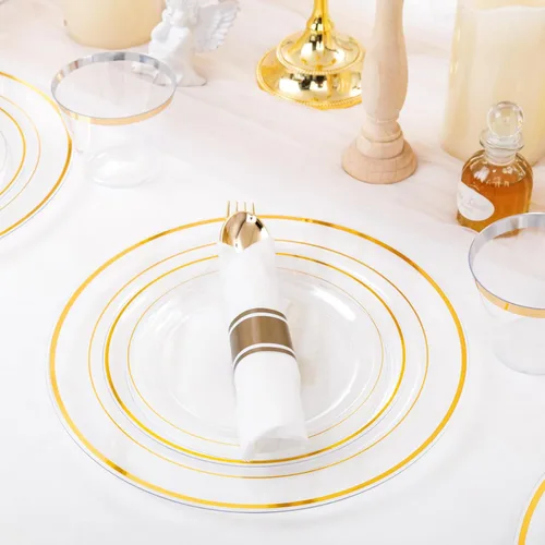 Miniatura 9 de WELLIFE 350 platos de plástico dorado transparente, 100 platos desechables, 150 cubiertos de plástico, 50 tazas, 50 servilletas para bodas y fiestas