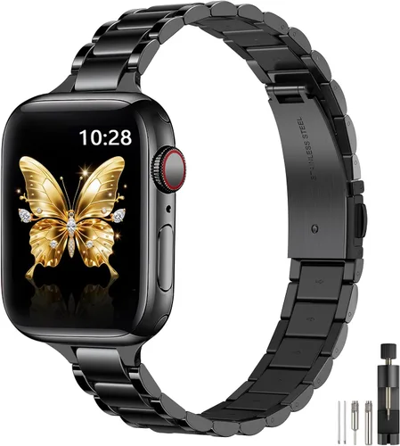 WFEAGL Correas delgadas de metal compatibles con Apple Watch de 1.65, 1.57, 1.5, 1.46 pulgadas (Series 11 10) para mujeres, pulseras delgadas de