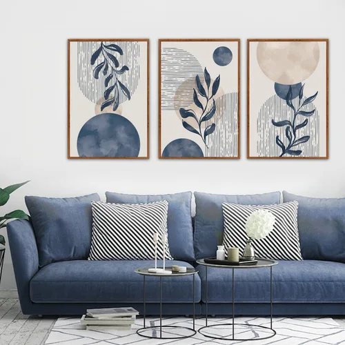 Miniatura 3 de KAIRNE Juego de Arte de Pared de Plantas Boho de 3 Piezas, Lienzo Enmarcado Bohemio Azul, Pintura de Pared de Líneas Geométricas Abstractas, Arte
