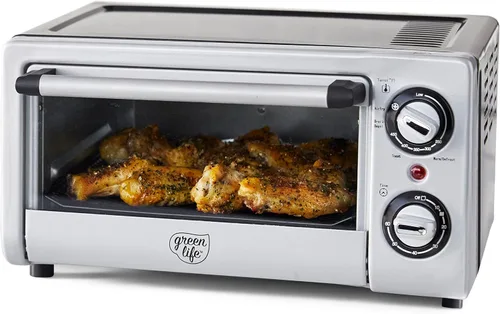 GreenLife Horno tostador de sobremesa con freidora de aire de acero inoxidable, cerámica antiadherente saludable, libre de PFAS, bandeja y cesta,