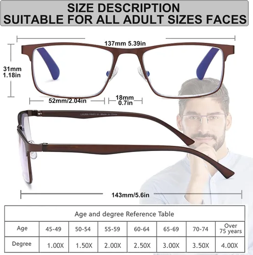 Miniatura 4 de 3 pares de anteojos de lectura, elegante marco de metal, anteojos ligeros con filtro - Gafas para hombre antirreflejos - Bisagra de resorte