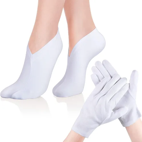 Geyoga Juego de calcetines y guantes hidratantes, 6 pares de calcetines de spa y 6 pares de guantes blancos para manos y pies secos y agrietados,