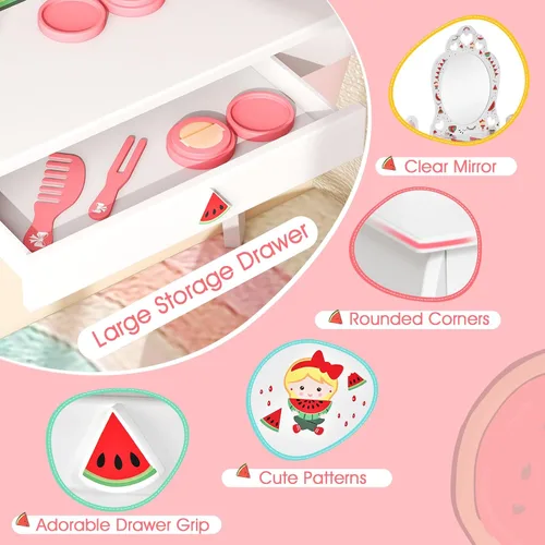 Miniatura 2 de Costzon Juego de tocador para niñas, juego de tocador con espejo y taburete, cajón de almacenamiento, tocador de maquillaje para niñas pequeñas