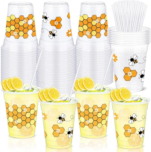 Sliner 50 tazas de miel transparente, vasos desechables de 12 onzas con pajitas, recuerdos de fiesta temática de abejas para cocina, baby shower