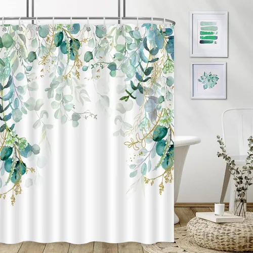 Miniatura 6 de Cortina de ducha de eucalipto verde salvia para baño con 12 ganchos, cortinas de ducha mejoradas impermeables con patrón de plantas de hojas