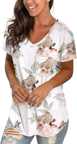 Miniatura 2 de WEESO - Camisetas de manga corta con cuello en V para mujer con dobladillo de cola caída ajuste relajado
