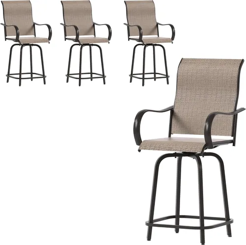 UDPATIO Juego de 4 taburetes de bar giratorios para exteriores, taburetes altos para exteriores con tela textil impermeable, reposabrazos, Marrón
