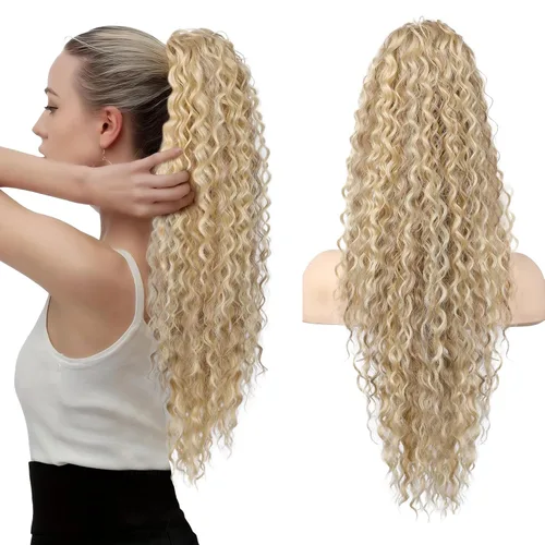 Miniatura 13 de Flufymooz Extensión de cola de caballo, 26 pulgadas, estilo bohemio, con cordón, extensiones de cabello para mujer, cola de caballo larga, rizada