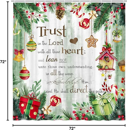 Miniatura 5 de NYMB Cortina de ducha de Navidad, bola de Navidad con ramas de pino con citas inspiradoras Trust in The Lord, cortina de baño de madera rústica