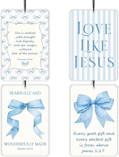 Ambientador de coche Coquette de lavanda cristiana con lazo azul, 4 piezas, con versículo bíblico femenino, decoración colgante para autos, armario,