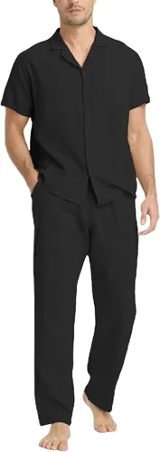 Miniatura 11 de RPOVIG Conjunto de camisa de lino y pantalones: conjuntos de lino de 2 piezas para hombre, camisas de manga corta, pantalones de yoga, trajes