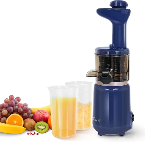 CAYNEL Jugo de prensa en frío compacto y portátil, exprimidor lento con embudo de entrada extra ancho de 1.77 pulgadas para frutas y verduras, Azul