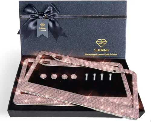 Miniatura 7 de Shering Marco de matrícula brillante, paquete de 2 marcos de matrícula con caja de regalo de primera calidad para mujeres, marcos de matrícula