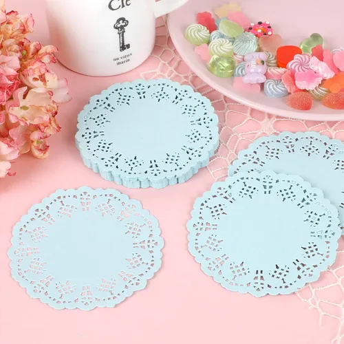 Miniatura 2 de DECORA Tapones redondos de encaje de papel azul de 3.5 pulgadas para decoración de vajilla, paquete de 100