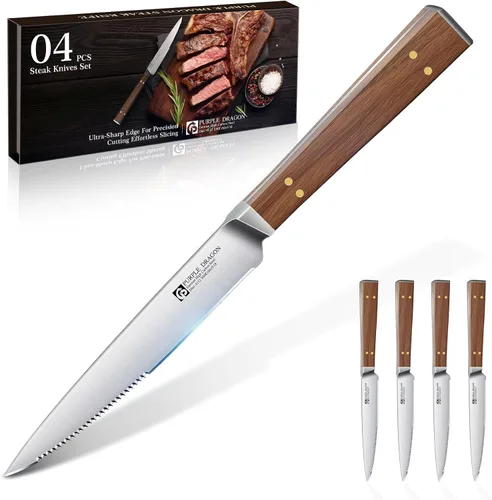Miniatura 8 de Juego de 4 cuchillos de carne serrados de Purple Dragon de acero alemán de alto carbono con mango cuadrado de madera - Corte sin esfuerzo - Regalo
