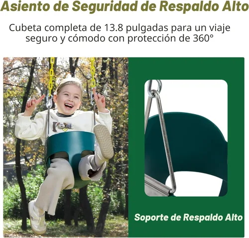 Miniatura 4 de Asiento de columpio para niño con respaldo alto y cadenas revestidas amarillas, totalmente montado, accesorios para columpio para bebés Verde