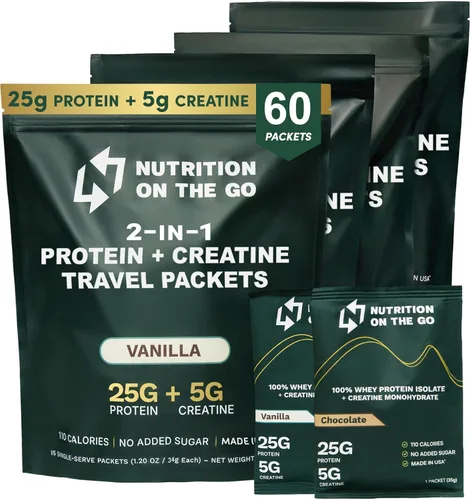 Miniatura 15 de Nutrition On The Go Paquetes aislados de proteína de suero con creatina, 0.88 oz de proteína + 0.18 oz de creatina, proteína de viaje en polvo
