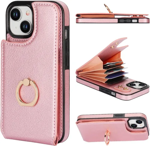 Miniatura 12 de Folosu Compatible con iPhone 15 Funda cartera con tarjetero con rotación de 360°, soporte de anillo de dedo con función atril, bloqueo RFID