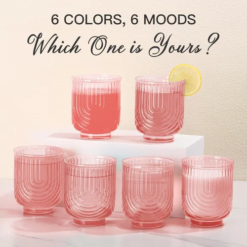 Miniatura 8 de JOVGANK Juego de vasos de bebida vintage rosados de 6 a 14 onzas, vasos de vidrio rosa art déco, vasos de cóctel de whisky, para bar, jugo de café