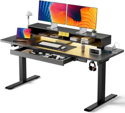Miniatura 10 de GTPLAYER Escritorio eléctrico de pie con cajones, escritorio de juegos ajustable de altura de 48 x 24 pulgadas con soporte para monitor, tomas