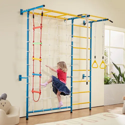 Miniatura 8 de VEVOR Gimnasio interior de la jungla para niños pequeños, juego de escalada 7 en 1 con escalera sueca de acero al carbono, escalera de pared, barra