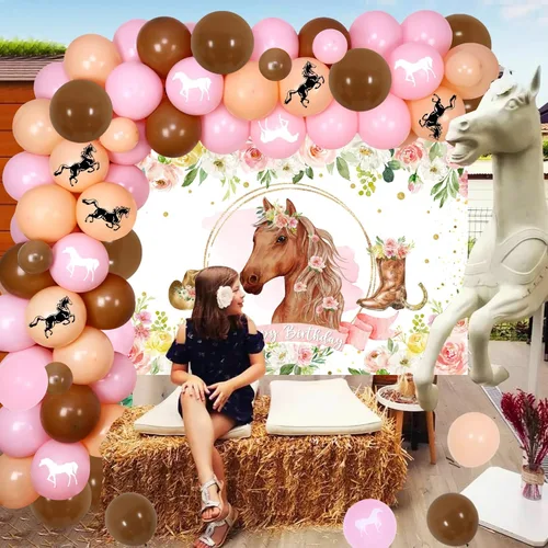 Miniatura 5 de Decoración para fiesta de vaquera occidental, fondo de fotos de caballo de carreras con flores rosas y kit de arco de guirnalda de globos