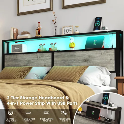 Miniatura 4 de Base de cama tamaño King con cabecero, estructura de cama de plataforma metálica con luces LED y estación de carga, almacenamiento debajo de la gris