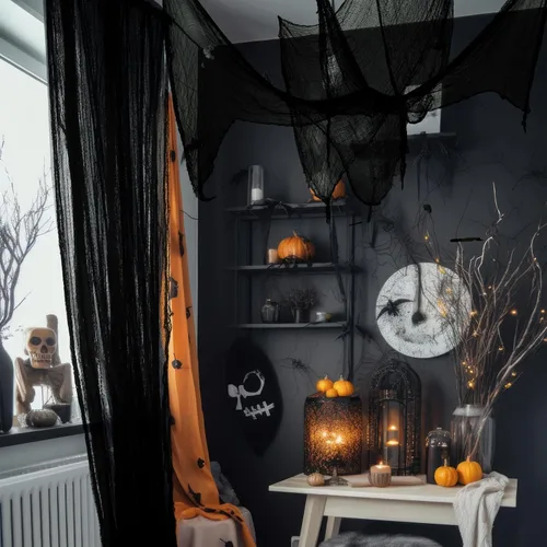 Miniatura 6 de NEBURORA Tela espeluznante de Halloween, 4 piezas de gasa espeluznante negra de 72 x 30 pulgadas, suministros de fiesta de Halloween para interiores