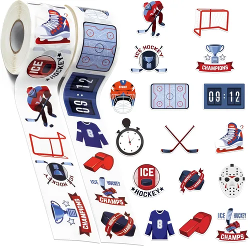 1000 calcomanías de hockey sobre hielo en 2 rollos con 16 patrones, lindos adhesivos autoadhesivos motivacionales de hockey sobre hielo para