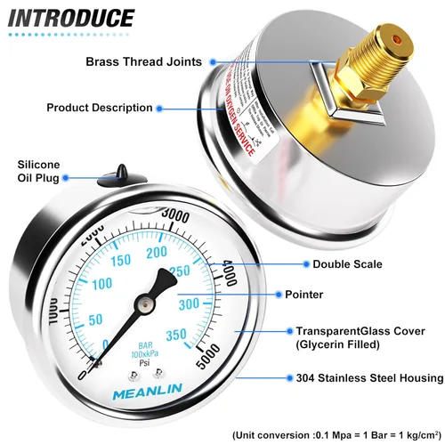 Miniatura 4 de MEANLIN MEASURE Manómetro de presión de acero inoxidable relleno de líquido de 0~5000Psi con rosca NPT de 1/4", carátula de 2.5", WOG Agua Aceite