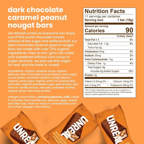Miniatura 2 de UNREAL Barras de turrón de cacahuete con caramelo y chocolate oscuro, 70% ingredientes orgánicos, comercio justo, sin OMG, sin jarabe de maíz