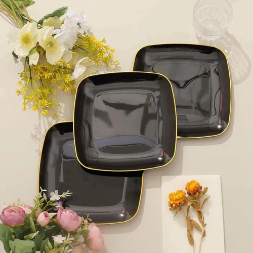 Miniatura 5 de Efavormart - Paquete de 10 platos cuadrados de plástico para postre de 7 pulgadas, color negro con borde dorado, platos desechables para ensalada
