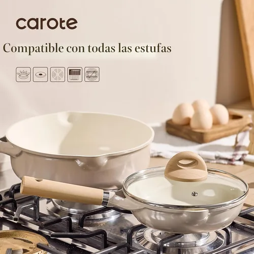 Miniatura 5 de CAROTE Sartén de Cerámica de 10" con Tapa, Sartén Antiadherente Sartén de Chef, Saludable y Libre de PFOA/PFAS, Compatible con Inducción, Taupe