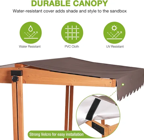 Miniatura 6 de GUTINNEEN Caja de arena de madera con toldo ajustable, caja de arena para niños al aire libre con bancos plegables, forro de arena, techo retráctil